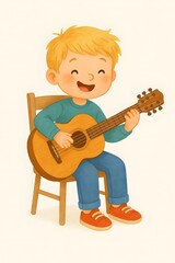 A cheerful illustration of a blond boy sitting on a wooden chair, enthusiastically playing the guitar. He is wearing a green shirt, jeans and bright orange sneakers. His face conveys pure happiness an