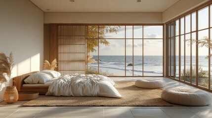 Modern Minimalist Bedroom with Large Windows and Sea View in Scandinavian Design