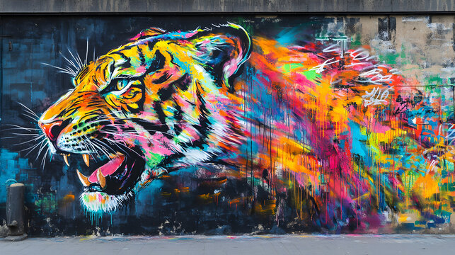 mural of a powerful animal in vivid colors, with energetic brushstrokes and street art elements bringing the animal to life on a city wall 
