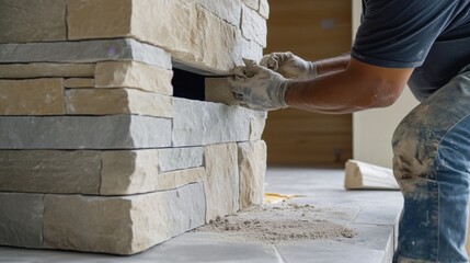 Hispanic mason building a stone fireplace in a living room. Featuring masonry skills and stonework