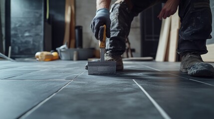 Obraz premium Flooring installer cutting tiles for a kitchen floor. Featuring detail and precision