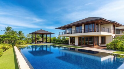 Modern villa with a swimming pool surrounded by lush greenery and clear blue skies