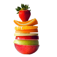 Fresh Fruit Mix on White Background with Grapes and Berries. Fruit mix on a white and transparent background, with grapes and blueberries, lemon, strawberry, orange, apple, and banana, PNG cutout.	