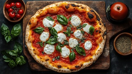 Delicious, freshly baked pizza with mozzarella and basil