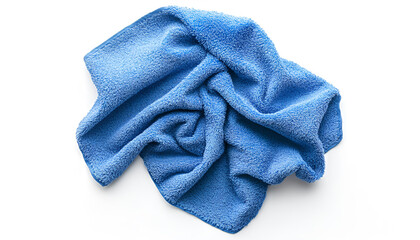 Clean blue microfiber cloth isolated on white, top view