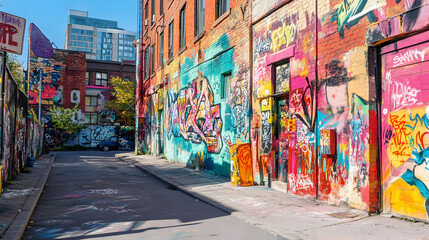 Naklejka premium artist adding finishing touches to a large, colorful mural, with paint splatters and vibrant designs covering a brick wall in a creative urban environment 