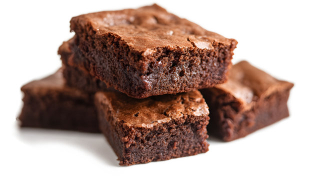 A stack of brownies on a white background. The brownies are cut into squares and are piled on top of each other