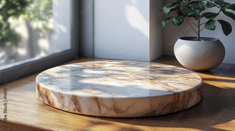 Poster round marble table top,abstract shadow drop on white wall background for mockup product display,stoc