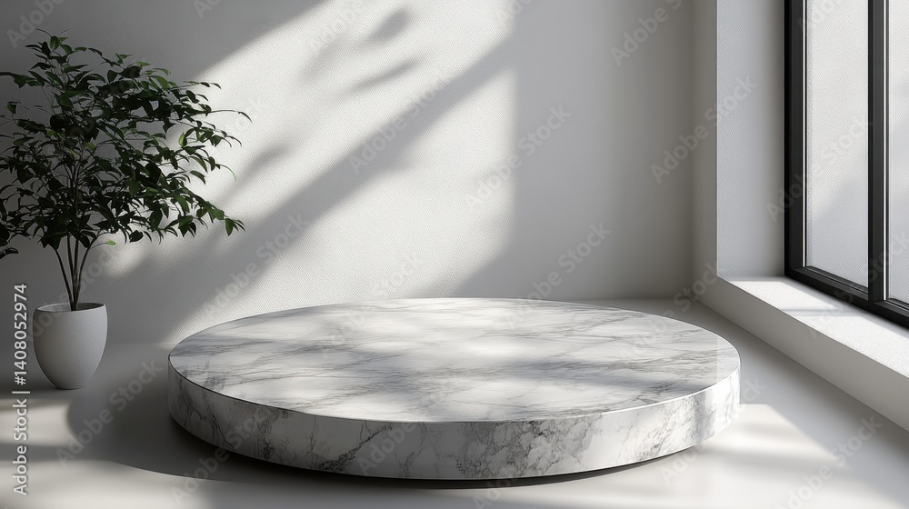Poster round marble table top,abstract shadow drop on white wall background for mockup product display,stoc