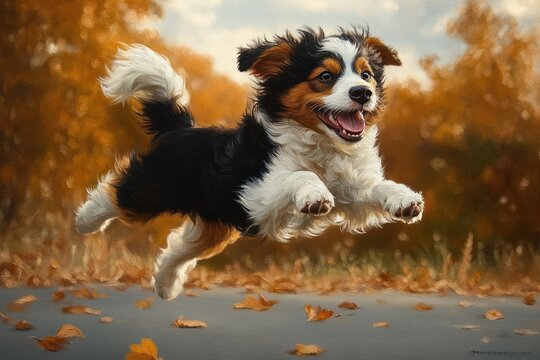 happy australian shepherd puppy running in autumn park outdoors