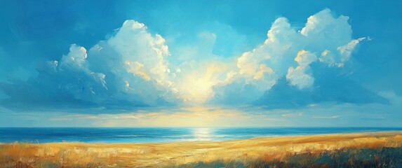 Obraz premium Bright sun rays in blue sky with white clouds creating a sunny cloudscape in spring and summer atmosphere