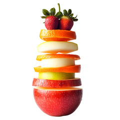Fresh Fruit Mix on White Background with Grapes and Berries. Fruit mix on a white and transparent background, with grapes and blueberries, lemon, strawberry, orange, apple, and banana, PNG cutout.	