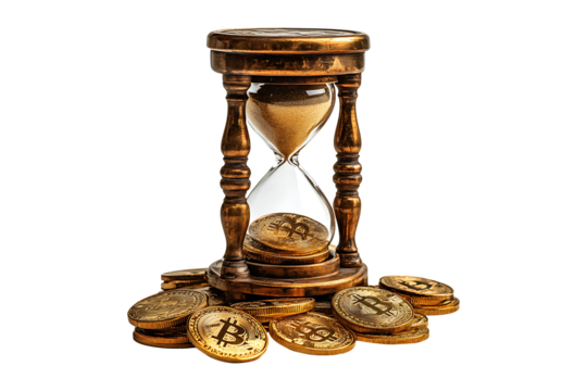 Golden coins and hourglass clock isolated on transparent background

