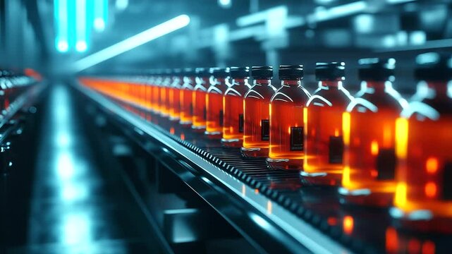 A fully automated juice bottling production line in action, with rows of neatly sealed glass bottles moving rapidly along a conveyor. Advanced machinery and quality control sensors