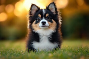 photorealistic portrait of a fluffy black and white puppy in a grassy field during golden hour