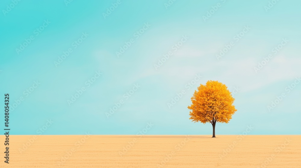 Poster sparse lonely tree in a vast open field under a cloudy sky, forming a simple yet powerful background