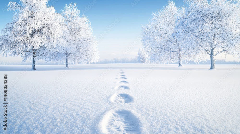Poster sparse isolated footprints on a snowy path, creating a serene and empty winter landscape.