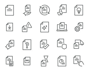 Vector Set of Editable Linear Style Icons on the Theme of Documents and Workflows. Includes icons for documents, downloading, verification, filtering, file handling, and analysis.