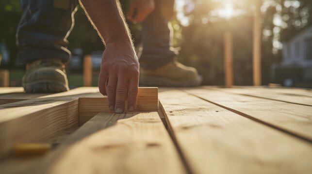 Carpenter constructing a wooden deck in a backyard. Featuring craftsmanship and outdoor work