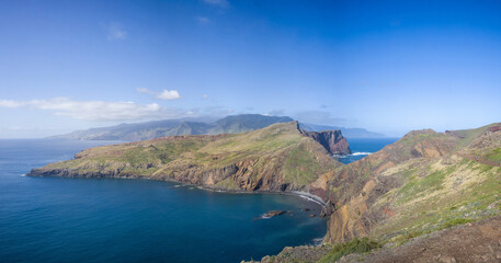 Stunning coastal landscape at Ponta de Sao Lourenco in Madeira showcasing cliffs and blue waters under a clear sky