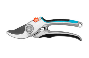 Fototapeta premium Garden secateurs isolated on white, including clipping path. Single steel garden scissor for pruning of plants, and flowers garden work. Pruning of vineyard or fruit tree