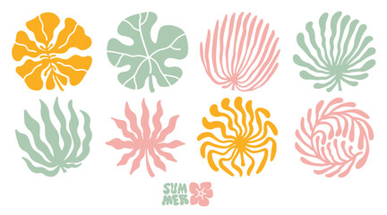 Fototapeta premium Set with abstract minimalist boho trendy leaves in mid century style. Silhouette of palm leaves in a square, circle, semicircle, rectangle in an earthy palette.