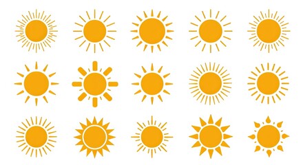 Set of 16 Unique Yellow Sun Icons with Transparent Background