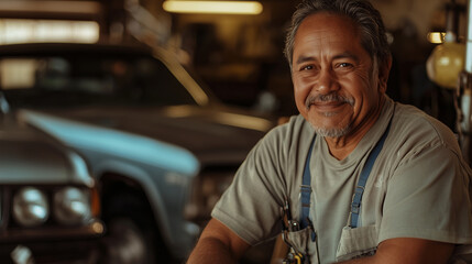 Smiling mechanic rests by workbench, lit warmly, silver sedan elevated close behind