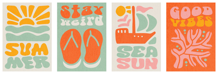 Trendy boho summer beach doodle retro drawing cards set. Hand drawn groovy geometric sun, sea, coral, ship. Flat textured abstract tropical posters in freehand retro hand drawn style. Vector design