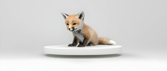 A Pixelated Red Fox Cub Sits on a White Circular Platform in a Bright White Studio Setting