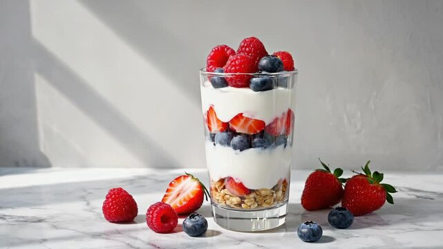 Delicious layered yogurt parfait with fresh berries and granola in a glass on a marble surface illuminated by sunlight