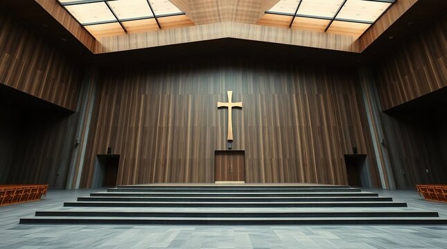 Modern wooden church interior featuring cross, stage, and skylight design