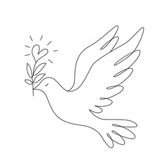 Dove of peace with olive branch and hearts in beak. symbol of peace and freedom. flat linear illustration isolated on white background