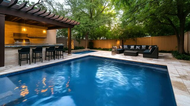 A luxurious backyard patio with a contemporary BBQ setup, an elegant bar with black stools, and a wooden pergola providing shade. The pool&rsquo;s crystal-clear water reflects the ambien