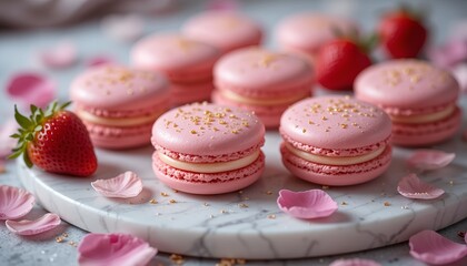 Delicate pink macarons with golden sprinkles on marble surface surrounded by flower petals - AI generated dessert photography