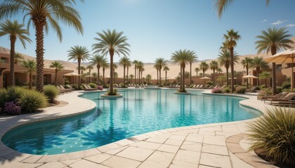 Serene Desert Oasis with Crystal Clear Pool Surrounded by Palm Trees and Lush Plant Life