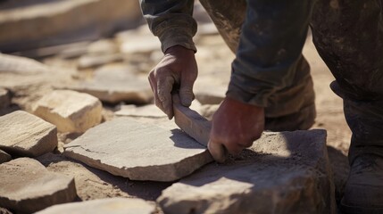 Hispanic mason chiseling stone for a decorative pathway. Featuring stonework and landscape construction