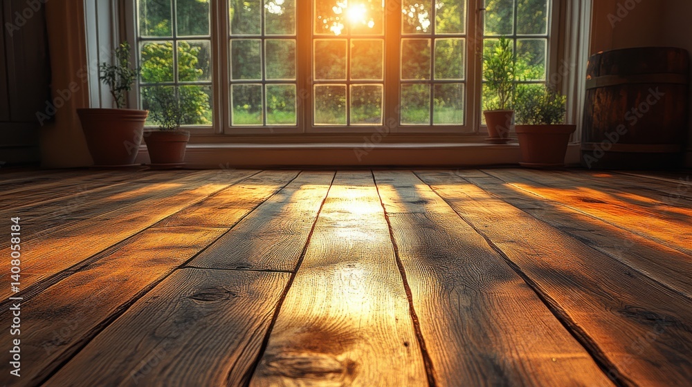 Poster serene wooden floor bathed in warm sunlight creating a calming atmosphere indoors generative ai,stoc