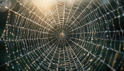 Obraz premium Intricate Spider Web with Dew Drops Glimmering in Morning Light on Natural Background