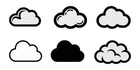 set of clouds art icons silhouette vector, .A set of  Black icons of thunder lighting with cloud silhouette, silhouettes of modern clouds for an architecture render background set 2 silhouettes.