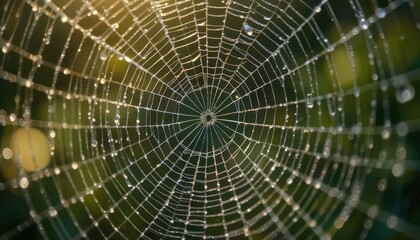 Intricate Spider Web Glimmering with Dew Drops in Natural Light at Dawn