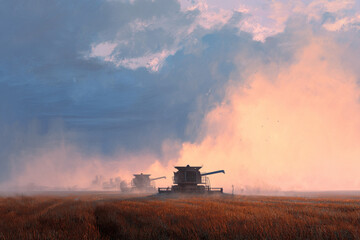 Fototapeta premium Harvesting equipment moves through a vast golden field as sunlight fades and clouds create a striking sky at dusk