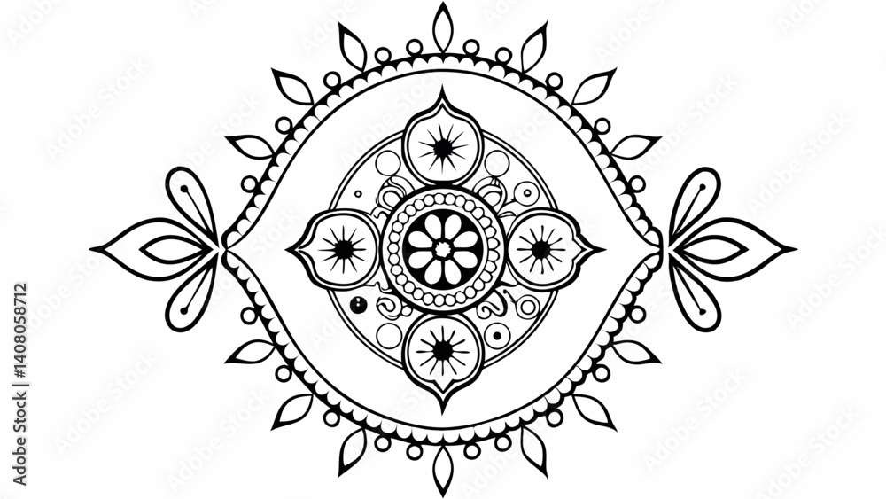 Poster detailed symmetrical floral design with circular and teardrop patterns in black and white style crea