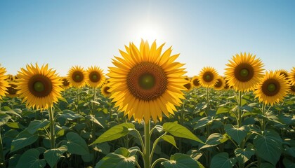 Fototapeta premium Bright Sunflowers in Bloom Under a Clear Blue Sky with Sunlight Glowing in the Background