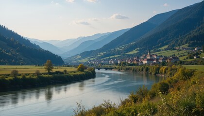 Serene River Landscape with Mountains and Villages under Clear Blue Sky in Nature Scene