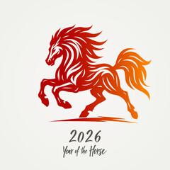 Running red fire horse symbol of new year 2026 according to Asian Chinese calendar. greeting card or banner. vector illustration