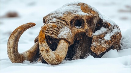 An ancient mammoth skull adorned with snow rests quietly in a serene, icy environment, telling tales of a bygone era
