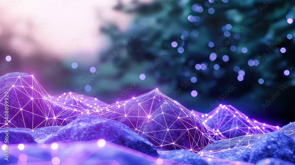 Poster structure network of glowing nodes and lines, symbolizing communication and connection.