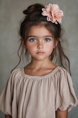 Fototapeta premium A young girl with a flower in her hair and a pink dress.