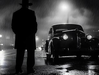 Noir Night: A solitary figure, cloaked in shadow and a fedora, stands by a vintage car, its headlights piercing the rainy darkness. The scene evokes a sense of mystery and intrigue. 